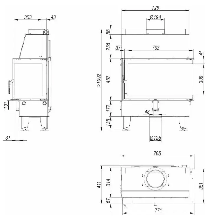 Wymiary i schemat kominka Impuls M BP prawy