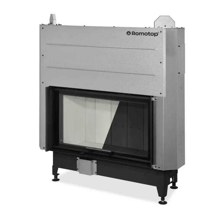 Kominek stalowy Romotop Heat 3G L 88.50.04 z gilotyną dostepny jest z jasnym i ciemnym wyłożeniem paleniska.webp