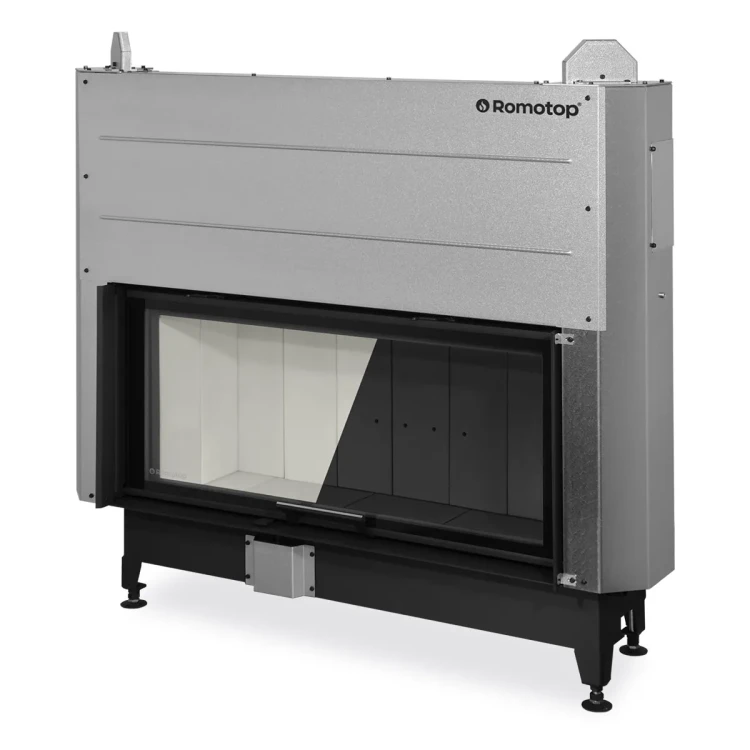 Kominek stalowy Romotop Heat 3G L 110.50.04 z gilotyną dostepny jest z jasnym lub z ciemnym wyłożeniem paleniska.webp
