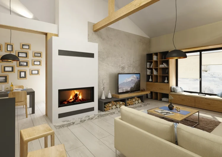 Kominek stalowy Romotop Heat 3G L 110.50.04 z gilotyną w pieknej aranżacji.webp