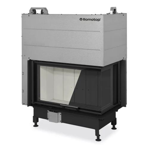 Kominek stalowy Romotop Heat R 3G L 81.51.40.24 narożny prawy z gilotyną dostepny jest z jasnym lub ciemnym wyłożeniem paleniska.webp