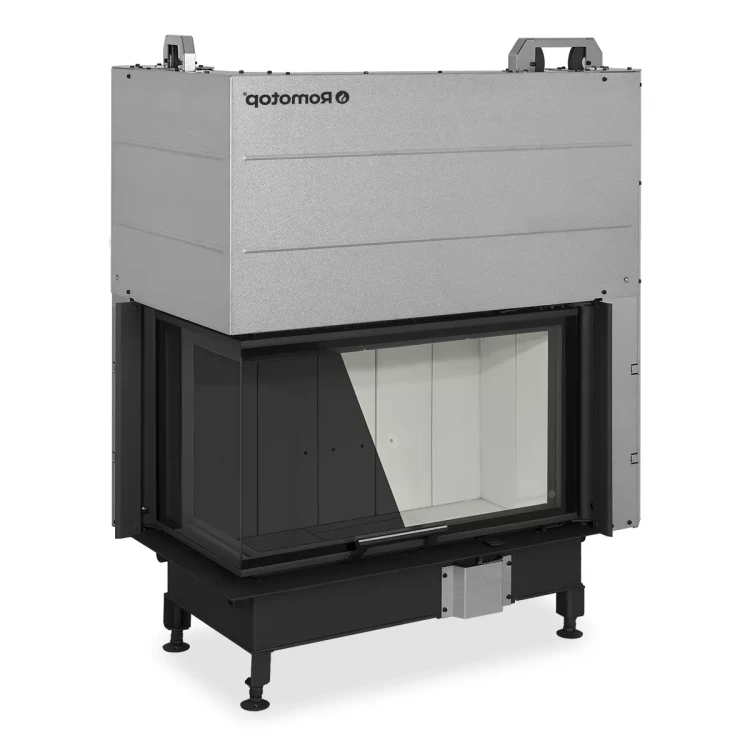 Kominek stalowy Romotop Heat L 3G L 81.51.40.24 narożny lewy z gilotyną dostepny jest z jasnym i ciemnym wyłożeniem paleniska.webp