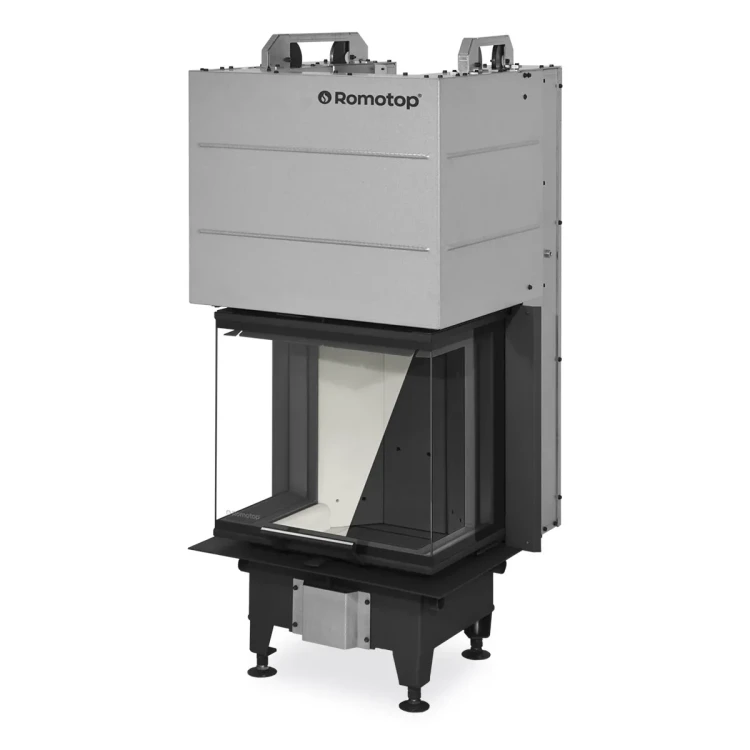 Kominek stalowy Romotop Heat C 3G L 50.52.31.24 trzyszybowy z gilotyną dostepny jest z jasnym lub z ciemnym wyłożeniem paleniska.webp