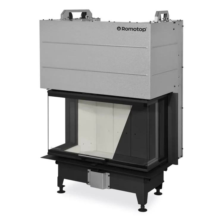 Kominek stalowy Romotop Heat C 3G L 80.52.31.24 trzyszybowy z gilotyną dostępny jest z jasnym lub z ciemnym wyłożeniem paleniska.webp