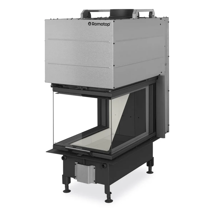 Kominek stalowy Romotop Heat U G L 50.52.70.24 trzyszybowy z gilotyną dostępny jest z jasnym lub ciemnym wyłożeniem paleniska.webp