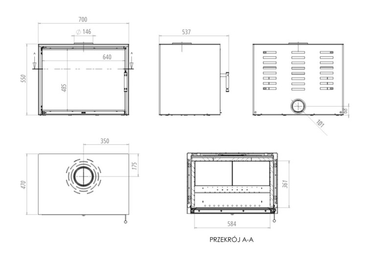 Rysunek techniczny kominka wolnostojącego Cubo CF700 - 8 kW