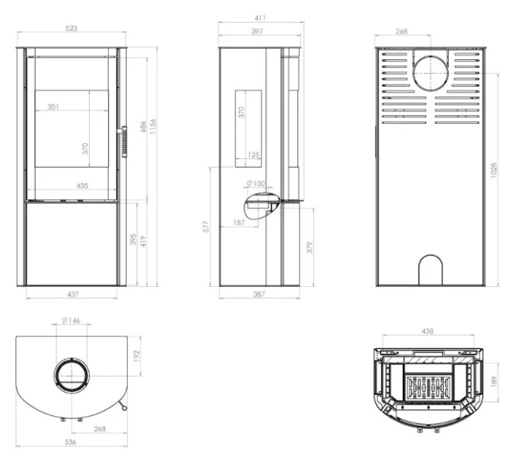 Rysunek techniczny pieca stalowego Rego 3S