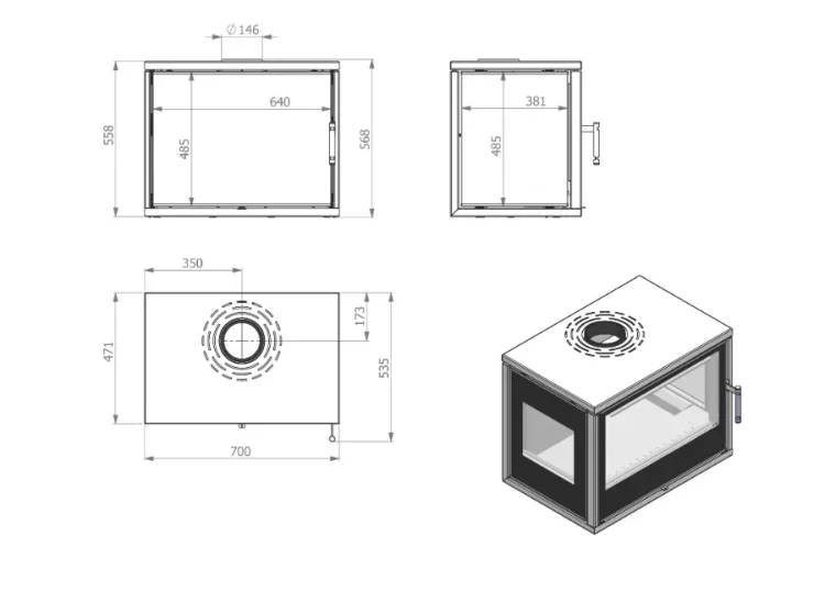 Rysunek techniczny kominka wolnostojącego Cubo CF 3S 700
