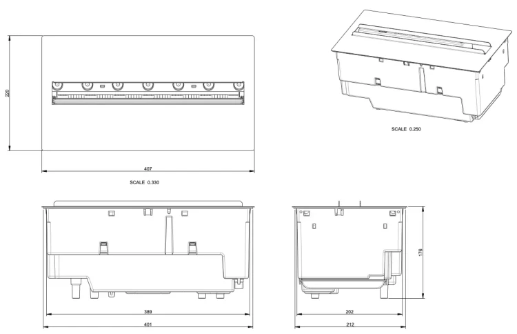 Schemat i wymiary kominka Cassette 400 600 LED