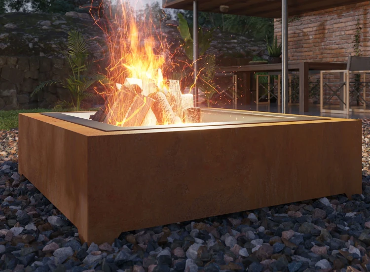 Zbliżenie na palenisko ogrodowe Corten Square 1000