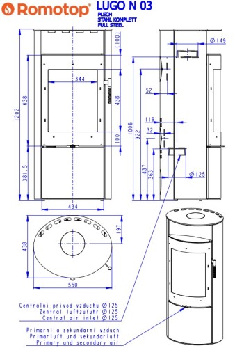 Wymiary pieca Lugo N 03 Metal