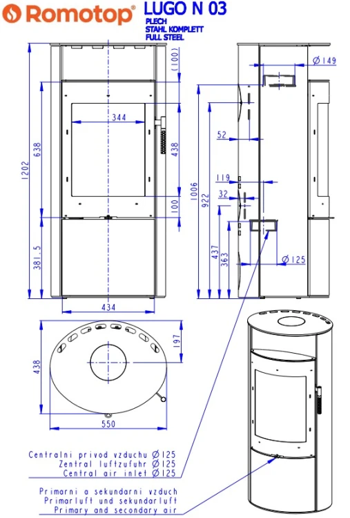 Wymiary pieca Lugo N 03 Metal