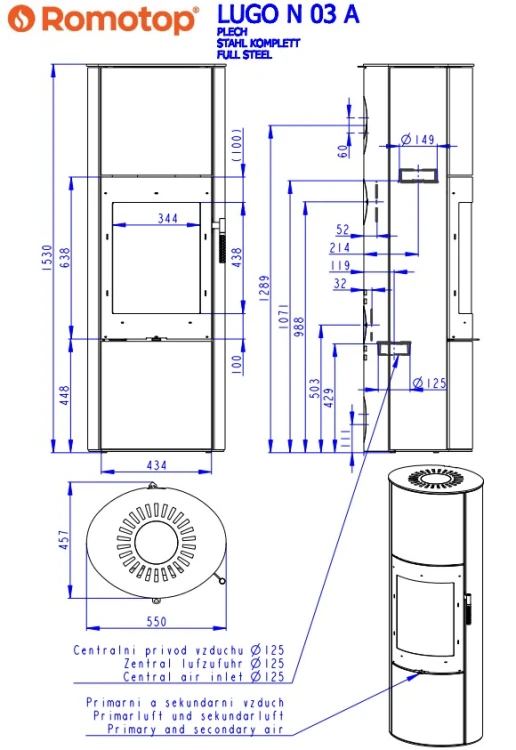 Wymiary pieca Lugo N 03 Akum Metal