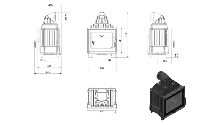 Wymiary i schemat kominka żeliwnego Franek Deco 10 kW