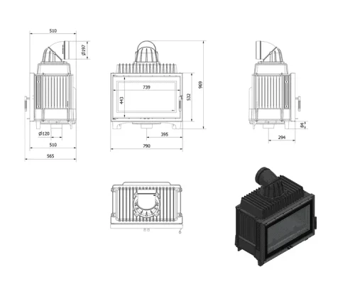 Rysunek techniczny kominka żeliwnego Franek Deco 14 kW