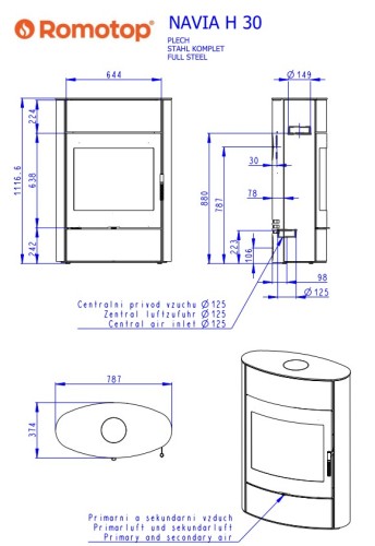 Piec stalowy Romotop Navia H Metal - wymiary