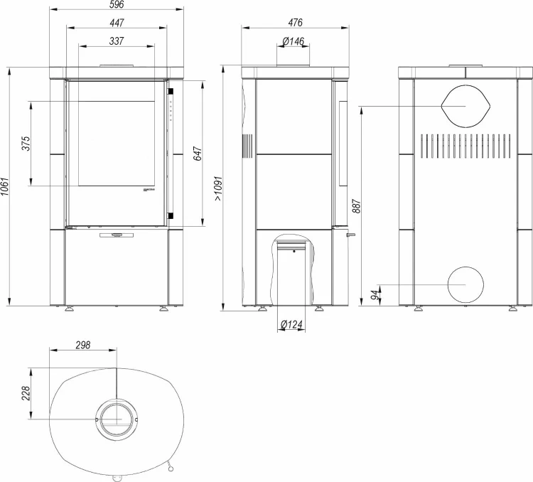 Schemat i wymiary pieca kaflowego Ceres KRM 6 kW