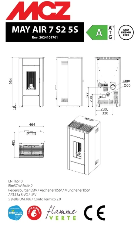 Piec na pellet MCZ May 7 kW - wymiary