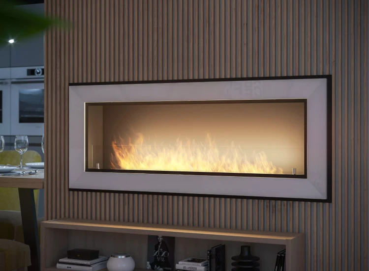 Zbliżenie na biokominek Frame 1200 w kolorze białym