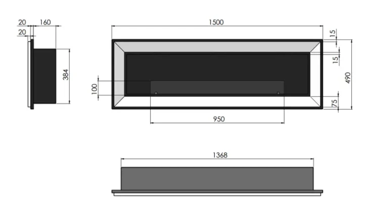 Wymiary biokominka Frame 1500 z szybą