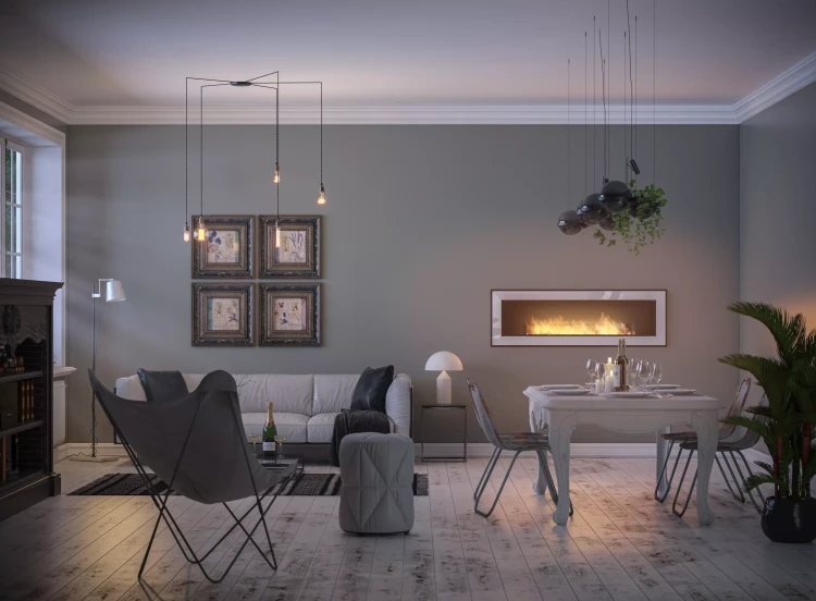 Wizualizacja zabudowy biokominka Frame 1500 z szybą w ścianie