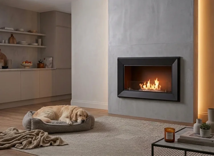 Wizualizacja zabudowy biokominka SimpleFire Frame 900 w kolorze czarny mat z szybą