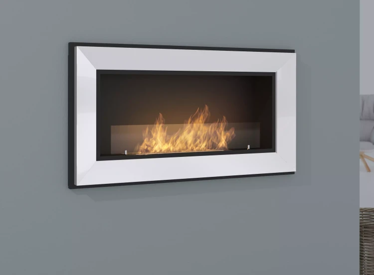 Wizualizacja zabudowy biokominak SimpleFire Frame 900 w kolorze białym z szybą