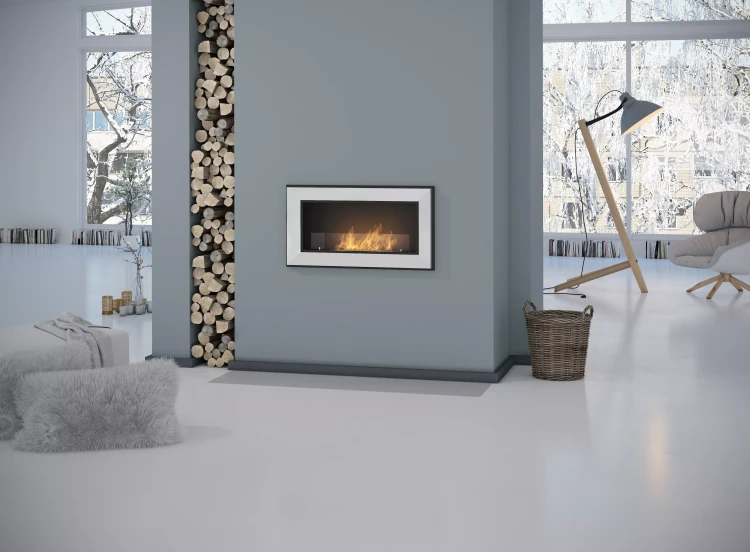 Wizualizacja zabudowy biokominka Frame 900 w kolorze białym z szybą