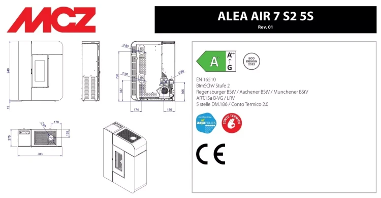 Piec na pellet MCZ Alea 7 kW - wymiary