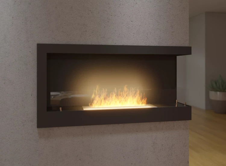 Zbliżenie na zabudowany biokominek SimpleFire Corner 900 R z szybami