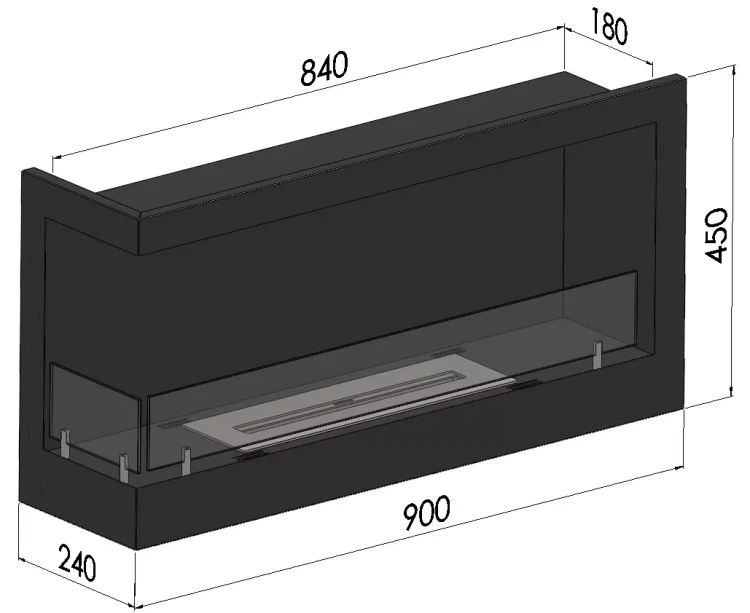 Szkic z wymiarami biokominka SimpleFire Corner 900 L z szybami