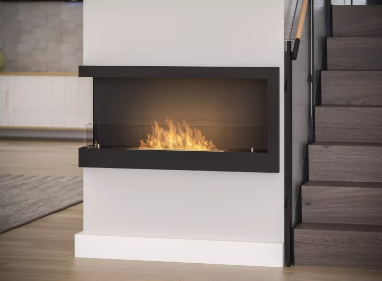 Zbliżenie na zabudowany biokominek SimpleFire Corner 900 L z szybami