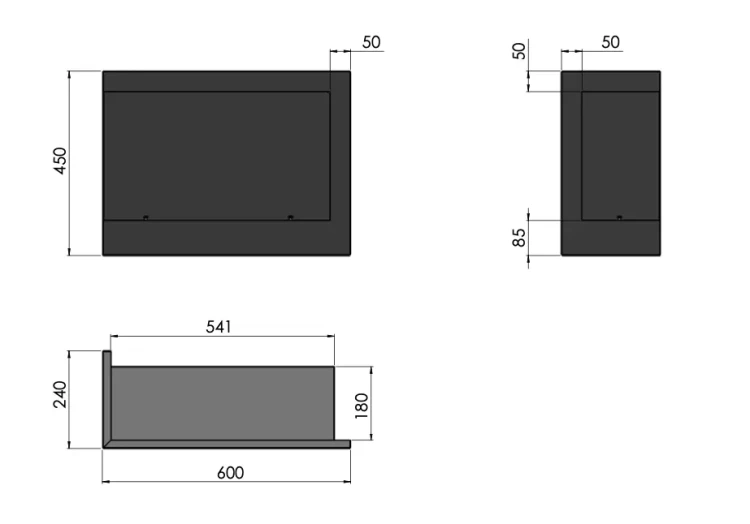 Wymiary i schemat biokominka SimpleFire Corner 600 L