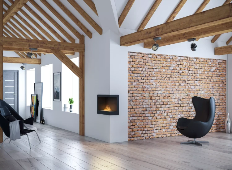Wizualizacja zabudowy biokominku SimpleFire Corner 600 R w jasnej ścianie