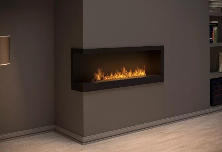 Zbliżenie na wizualizację zabudowanego biokominka SimpleFire Corner 1200 L z szybami