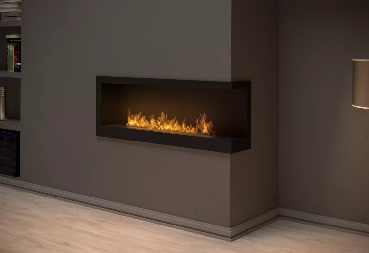 Zbliżenie na wizualizację zabudowanego  biokominka SimpleFire Corner 1200 R z szybami