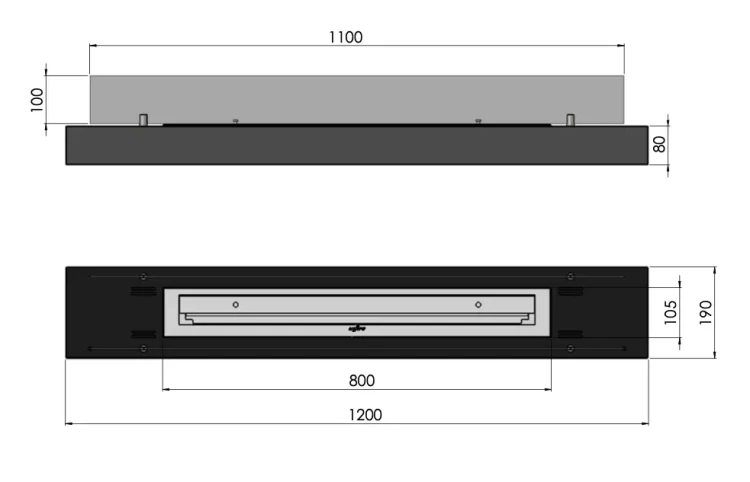 Wymiary i schemat biokominka SimpleFire Firebox 1200 z szybami