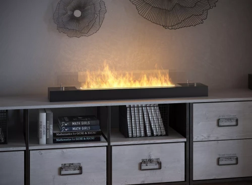 Wizualizacja wolnostojącego biokominka SimpleFire Firebox 1200 z szybami na szafce