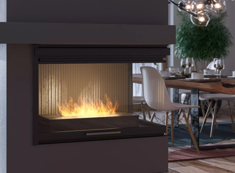Bio palenisko Infire SimpleBox 600 w środku tradycyjnego kominka na drewno