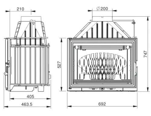 Wkład kominkowy Uniflam 700 Lux ECO z szybrem - wymiary