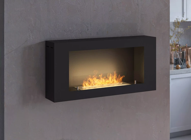 Biokominek SimpleFire BlackBox 910 z szybą zawieszony na ścianie