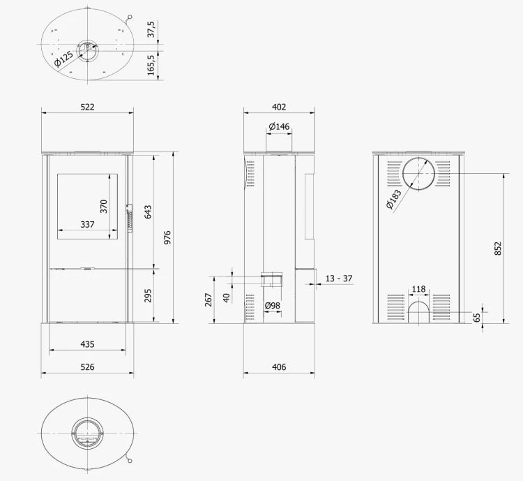 Rysunek techniczny pieca stalowego Rollo 7 kW