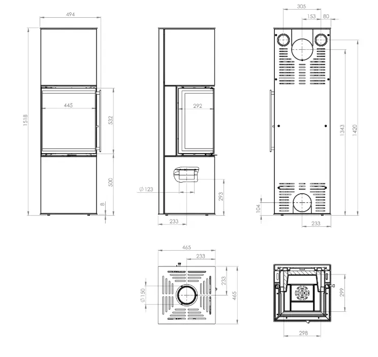 Wymiary i rysunek techniczny pieca stalowego Siga 3S 6,5 kW