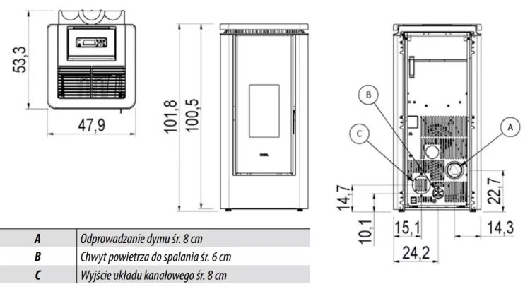 Rysunek z wymiarami pieca Cadel Icon Plus 9