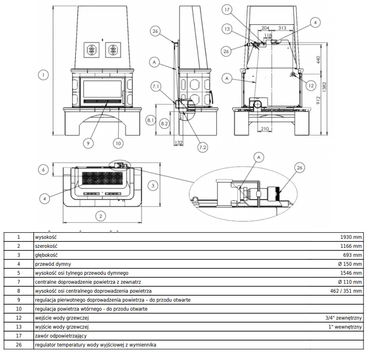 Piec kaflowy z płaszczem wodnym Laponia - rysunek wymiarowy.webp