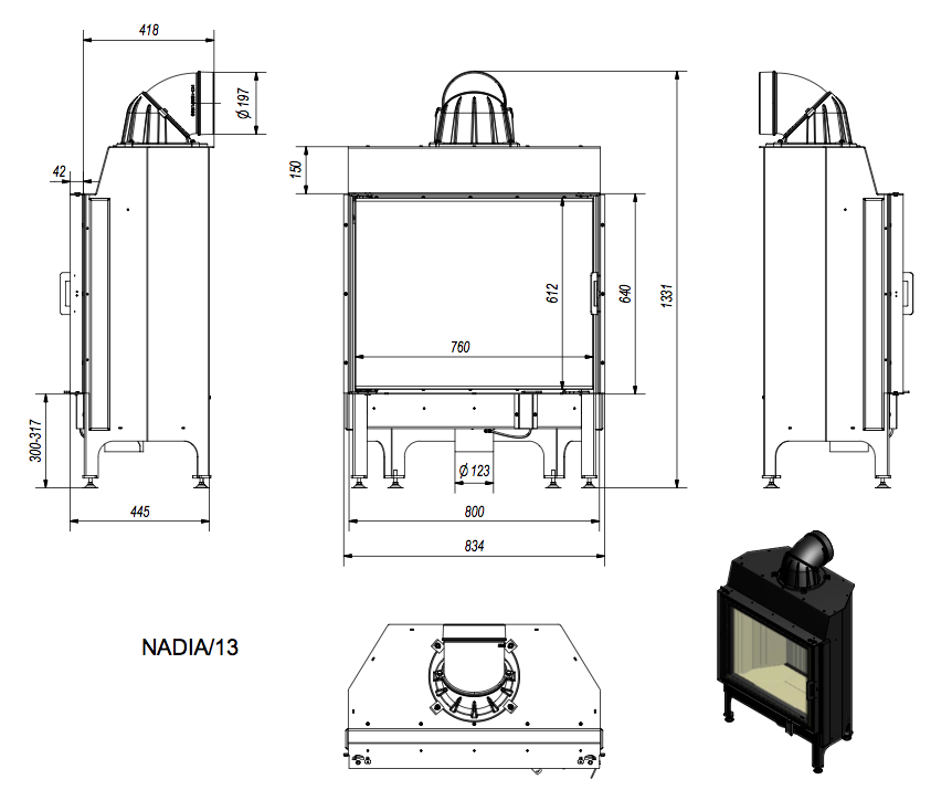 Wymiary kominka Nadia 13 kW
