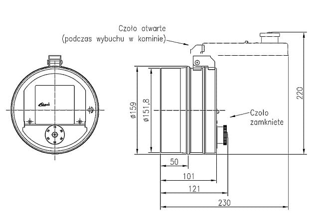 Regulator ciągu kominowego RCO fi 150 z systemem przeciwwybuchowym