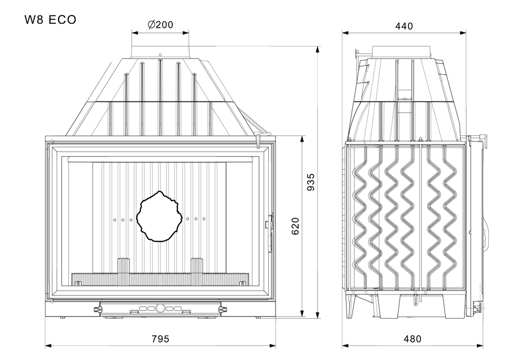 Kominek KAWMET W8 (17,5 kW) ECO rysunek techniczny i wymiary