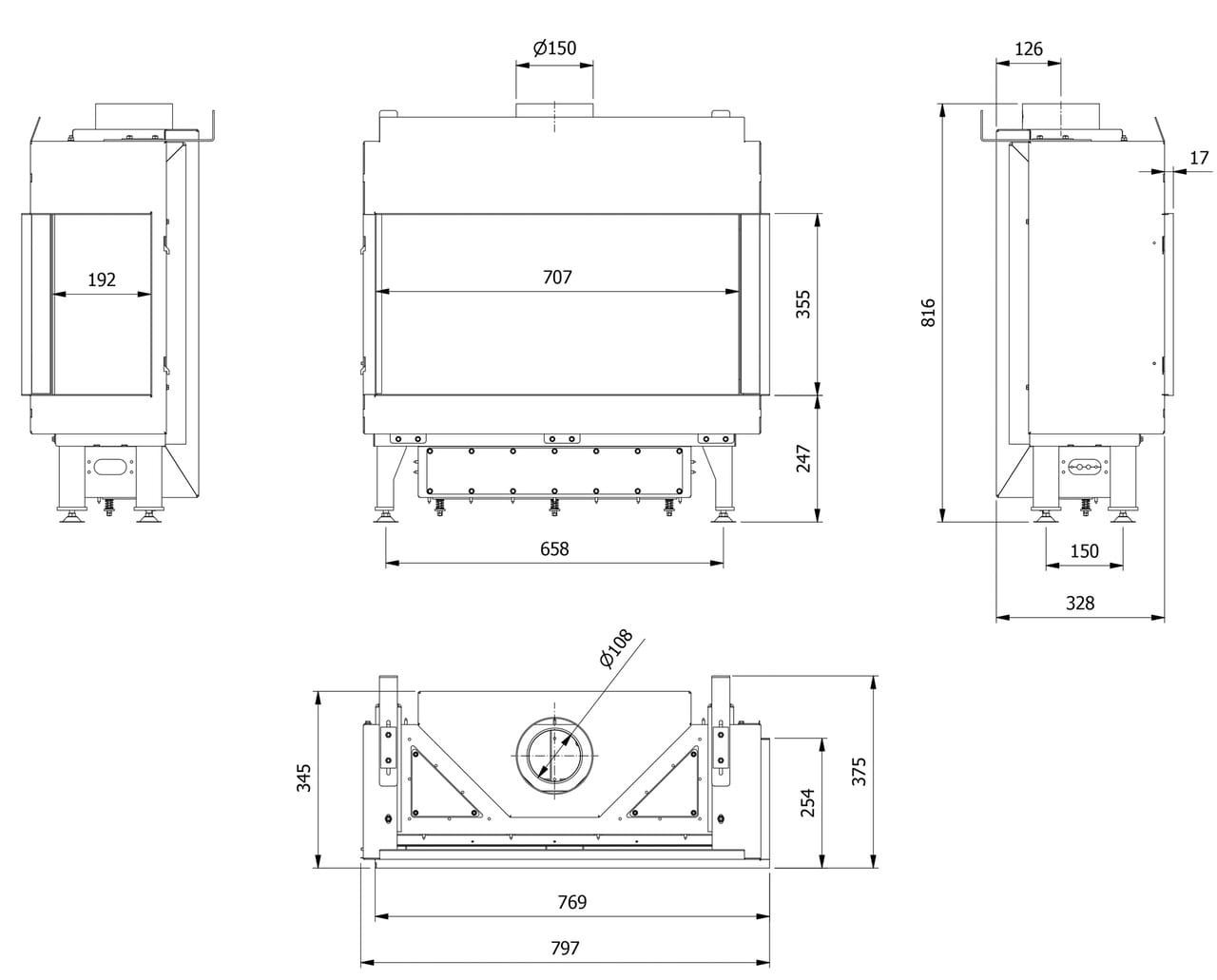 Kominek Leo 70 Prawy wymiary