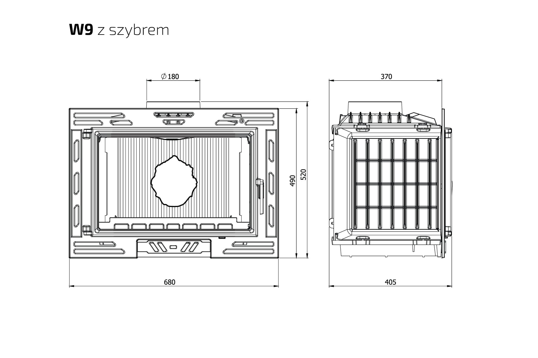 Kominek KAWMET W9 (9,8 kW) ECO rysunek techniczny i wymiary